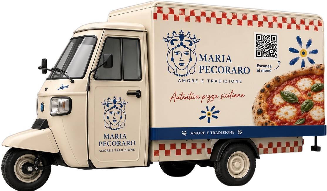 Food truck Piaggio Ape de Maria Pecoraro con pizza siciliana